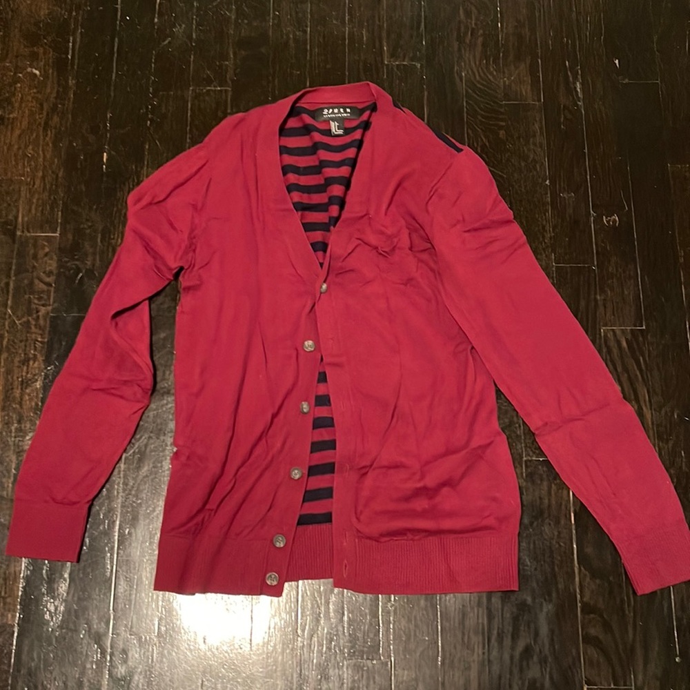 21 Men Forever21 Men's Red Buttoned Striped Long Sleeve Cardigan